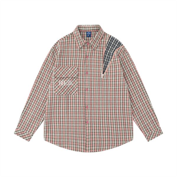 03761293-2dd6-4ce1-b8a5-f1435ba03107 Embroidered Pocket Plaid Long Sleeve Shirt Men