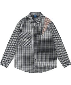 0391b725-ec81-4cb7-9f42-2f252552c063 Embroidered Pocket Plaid Long Sleeve Shirt Men