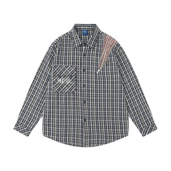 0391b725-ec81-4cb7-9f42-2f252552c063 Embroidered Pocket Plaid Long Sleeve Shirt Men