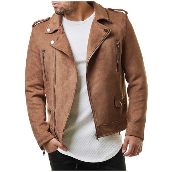 1619248650351 Lapel Leather Jacket Short Diagonal Zipper Suede Jacket Jacket Men