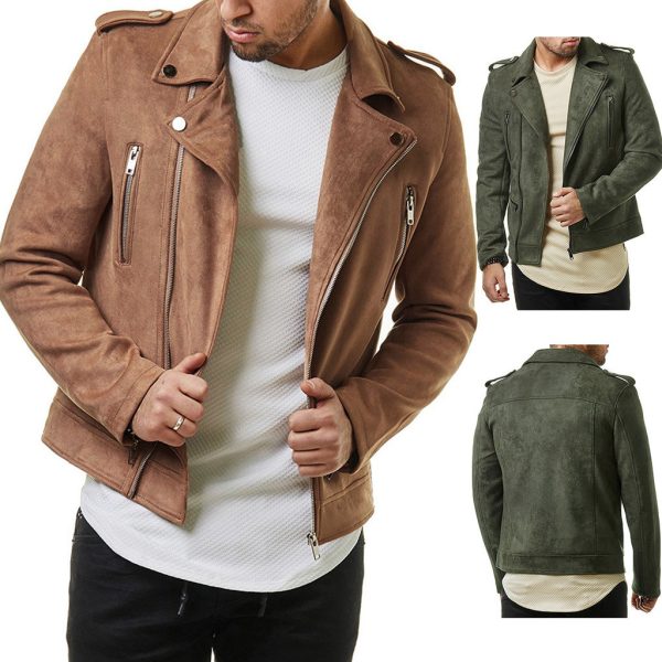 1619248650352 Lapel Leather Jacket Short Diagonal Zipper Suede Jacket Jacket Men