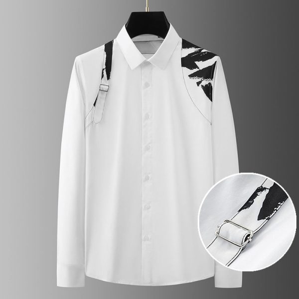 9be02011-f608-4dab-b615-b745bdb0eaf0 Contrast Color Shoulder Strap High Sense Business Leisure Trend Nightclub Slim-fit Long Sleeve Shirt For Men