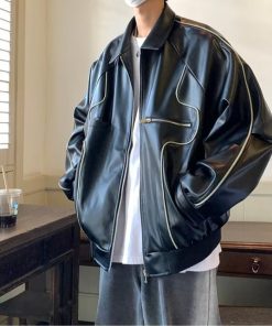 563d5af7-3b4f-4b53-909c-1253f6597f43 Men's Temperament Zipper Fashion Lapel Leather Coat