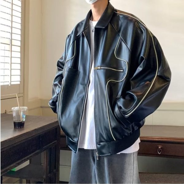 563d5af7-3b4f-4b53-909c-1253f6597f43 Men's Temperament Zipper Fashion Lapel Leather Coat